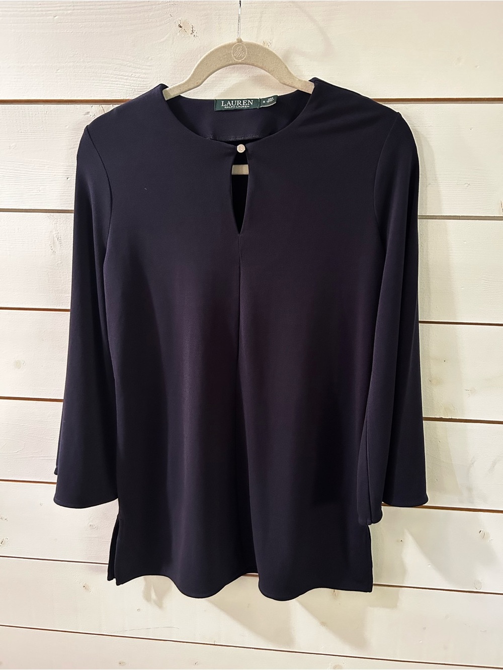 Lauren Ralph Lauren Navy Blue Georgette Keyhole 3/4 Sleeve Blouse Top Small